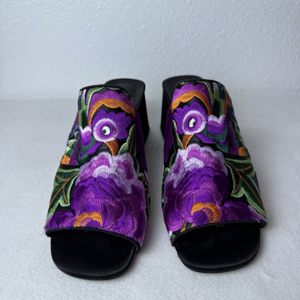 Jeffrey Campbell Floral Bird Embroidered Mules Heels Women's 10 Boho Purple - Picture 2 of 14